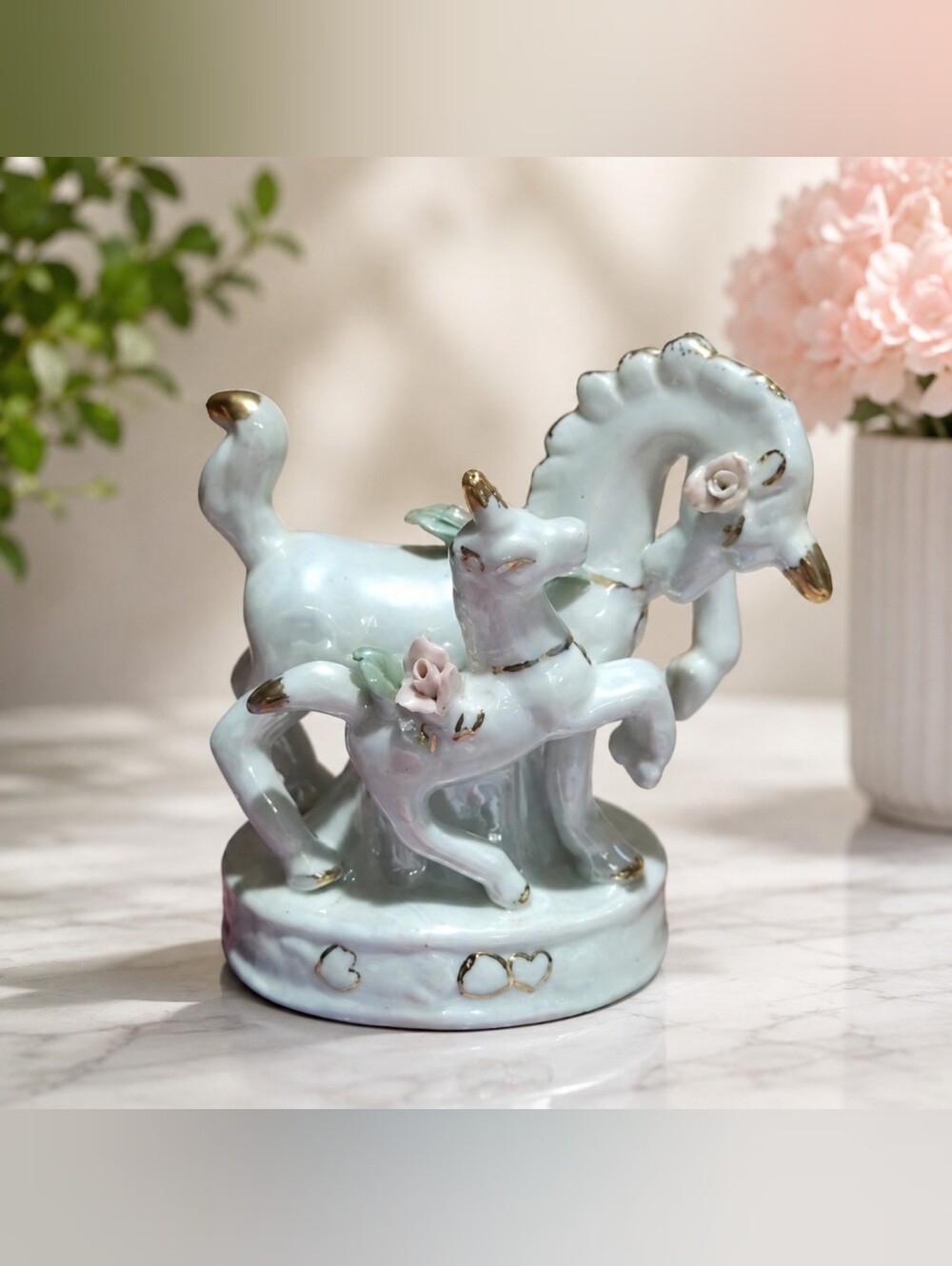 Porcelain Unicorn & Horse Figurine – White & Gold Vintage (70s/80s)